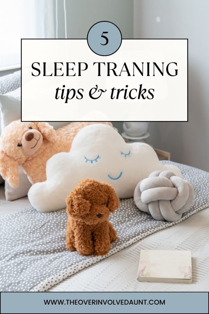 Picture of a children's bed with text that  says '5 sleep training tips and tricks"